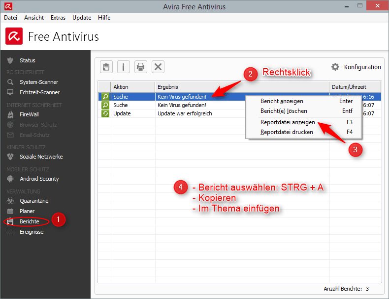 Berichte von Avira aufrufen